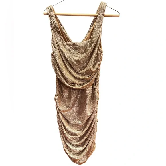Express | Dresses | Express Cowel Neck Gold Shimmer Ruched Dress Sz 8 |  Poshmark